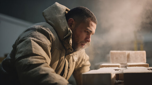 Focused worker in winter clothing inspects frozen goods, steam rises in cold storage facility, depicting hard work and dedication in harsh conditions