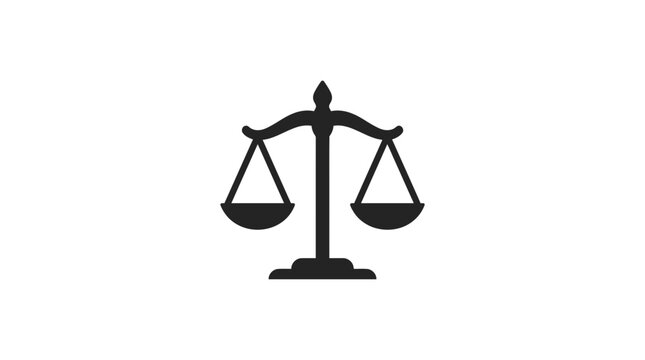 A black silhouette icon of a balanced scale of justice on a white background.