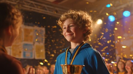 Fototapeta premium Best player moment: young athlete celebrated with trophy and medal after school tournament