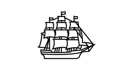 A simple black and white line drawing of a classic sailing ship with multiple masts and sails. © Alhakbin_Nizam