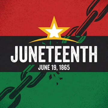 Juneteenth celebration graphic with star and broken chain on red, black, and green background