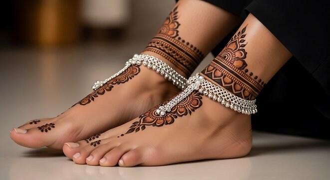 Beautiful female feet with traditional henna tattoo and elegant silver anklets for a wedding or celebration ceremony