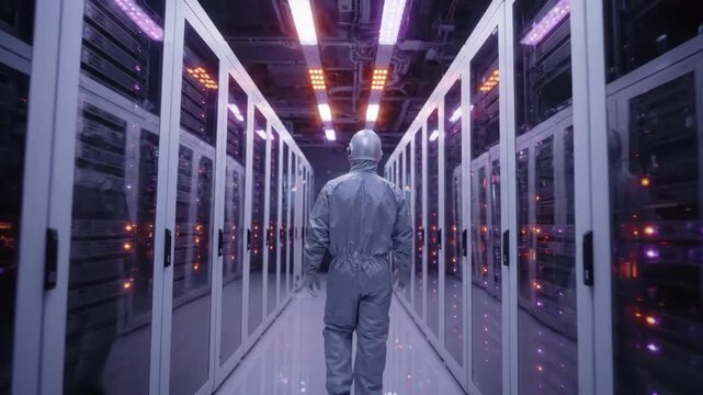 Technician in server room with glowing lights and reflective glass cabinets and floor in futuristic high tech data center environment
