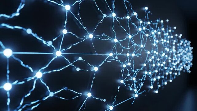 Neural network connection glowing blue light with digital data points and lines dark background showcasing advanced technology and futuristic glowing