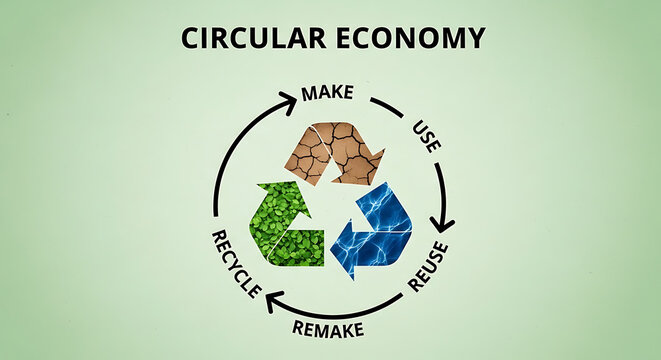 Circular economy concept graphic with recycling symbols and sustainable