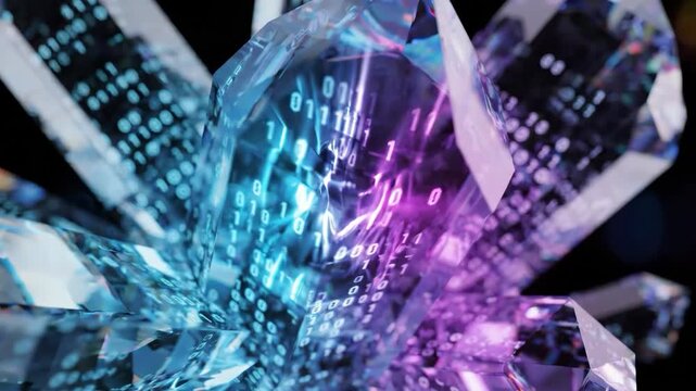 Digital binary code glowing on transparent crystal cluster with blue and purple light reflections creating futuristic technology concept