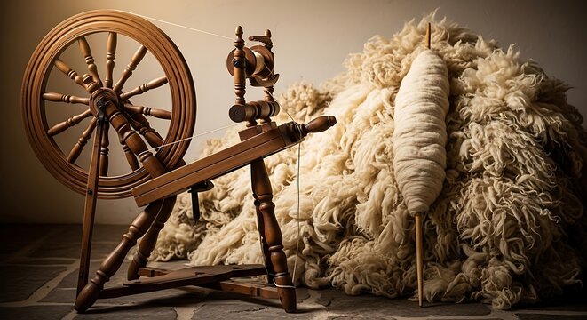 Vintage wooden spinning wheel with raw wool fleece for traditional textile crafting in a rustic workshop setting