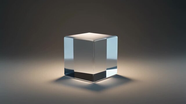 A sleek transparent cube casting a soft shadow on a dark gradient background