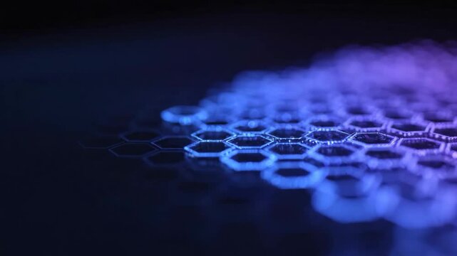 Hexagonal pattern glowing with blue and purple light on dark background creating futuristic technological abstract design with depth and bokeh effect