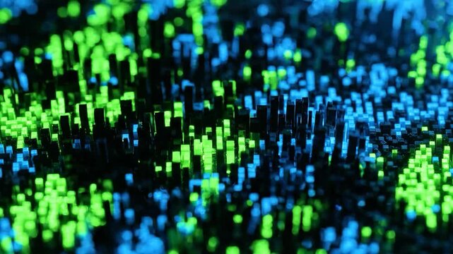 Digital abstract pixel blocks glowing green and blue create vibrant futuristic technology pattern with dynamic depth and colorful digital block