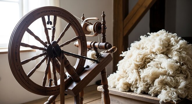 Old wooden spinning wheel with white raw wool in a rustic workshop