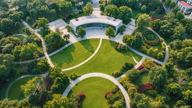 Aerial View of Modern Building within Lush Green Park Landscape Design