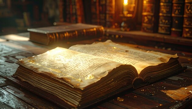 Antique vellum codex page with elegant Latin script and illumination on a wooden surface