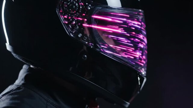 Motorcycle helmet visor reflecting purple light streaks with dark background and reflective visor showing neon light streaks in dynamic setting