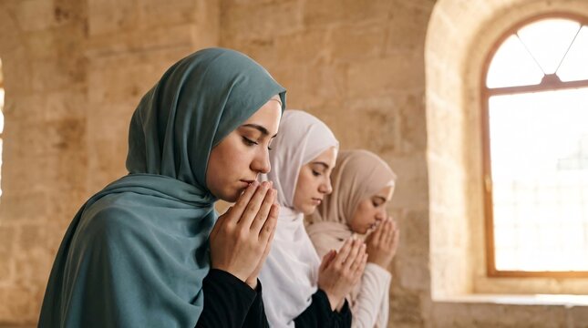 Young muslim woman wearing teal hijab praying with closed eyes and folded hands in stone interior.