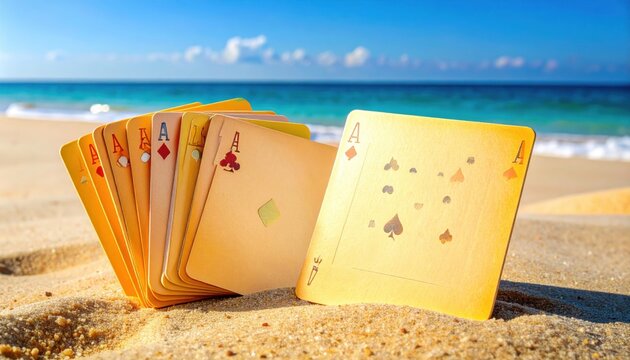 A stack of ace playing cards fanned out on a sandy beach with the blue ocean and sky in the background