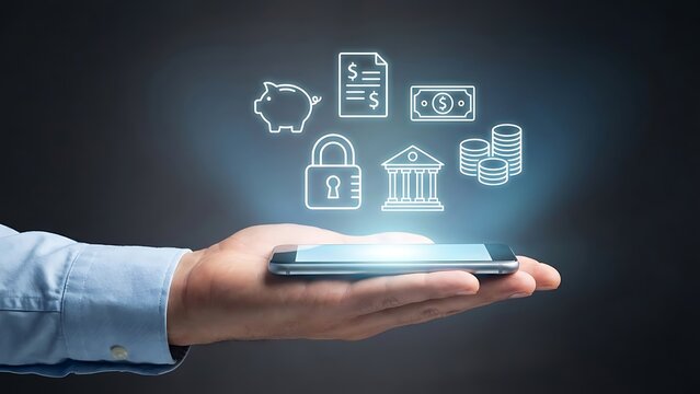 A hand holding a smartphone with digital finance icons floating above it, including a piggy bank, lock, and bank building