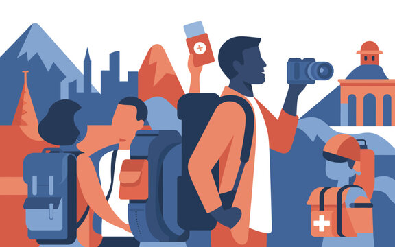 Travelers with backpacks and cameras exploring new cities backpack adventure vacation backpackers photography. Vector illustration