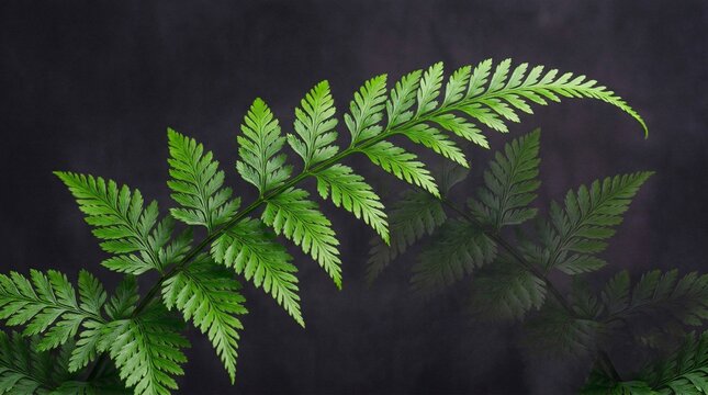 Two lush green fern fronds with detailed leaves gracefully positioned against dark smoky background.