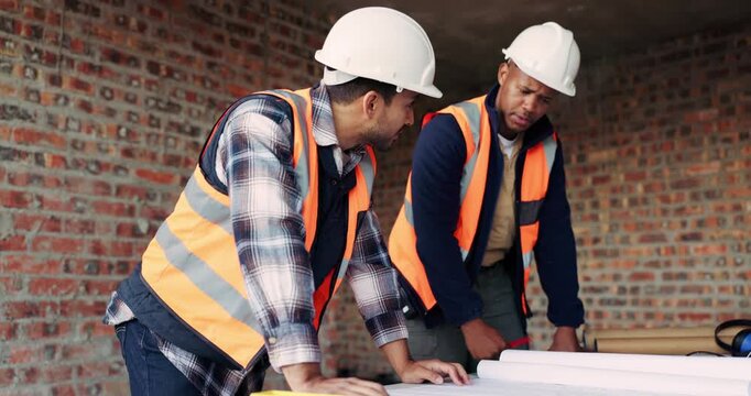 Discussion, team or architect with blueprint for construction, planning or idea for site integration. Review, property development or men with schematic for infrastructure update, talk or engineering