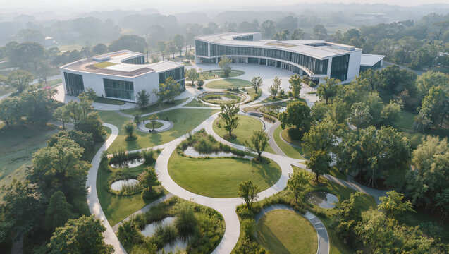 Aerial View of Modern Office Buildings with Green Roofs and Landscaped Gardens