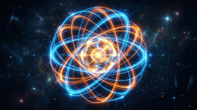 A vibrant abstract representation of a futuristic atomic structure with glowing orbital paths on a dark cosmic background