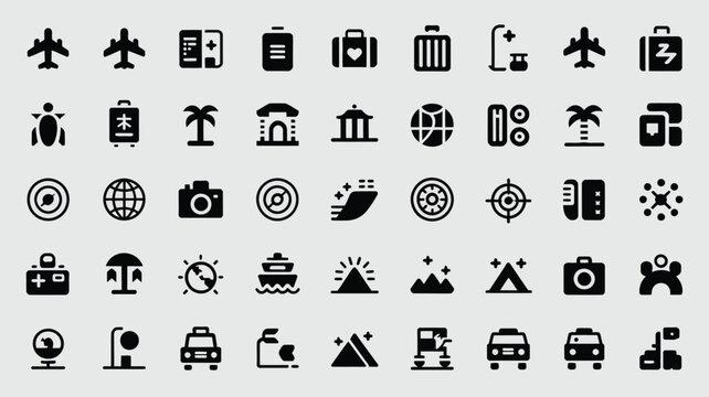 Set of travel icons for transportation and tourism destinations on gray background.