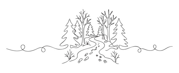 Fototapeta premium Continuous line art vector of a snow trail in forest with footprints, representing a minimalist winter landscape nature walk adventure concept for modern design