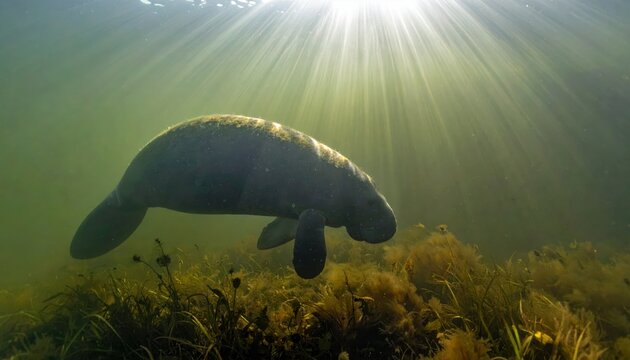 A large manatee gracefully swims through a sun-dappled murky river estuary surrounded by aquatic plants