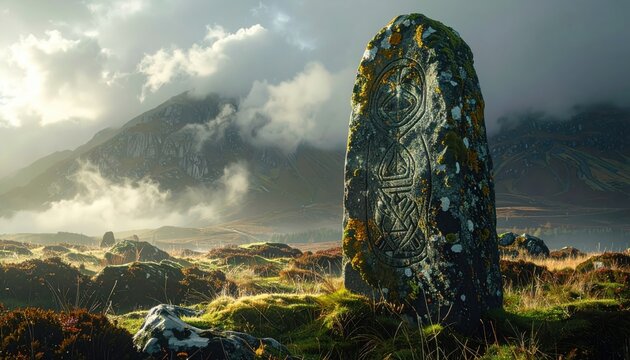 Intricately carved Pictish standing stone with ancient symbols set against a dramatic mountainous landscape