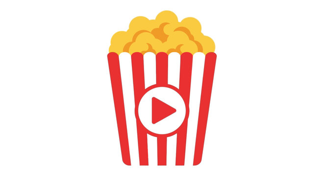 Popcorn bucket with play button icon, flat vector illustration