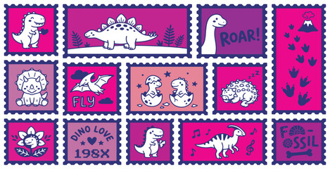 Collection of cute cartoon dinosaur stamps with various designs and colors. © Riki