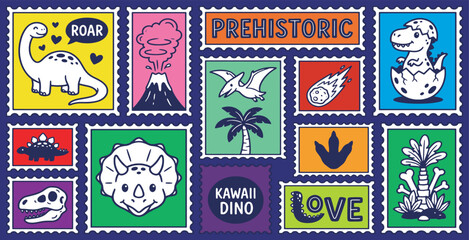 Collection of Cute Kawaii Dinosaurs and Prehistoric Elements on Stamps. © Riki