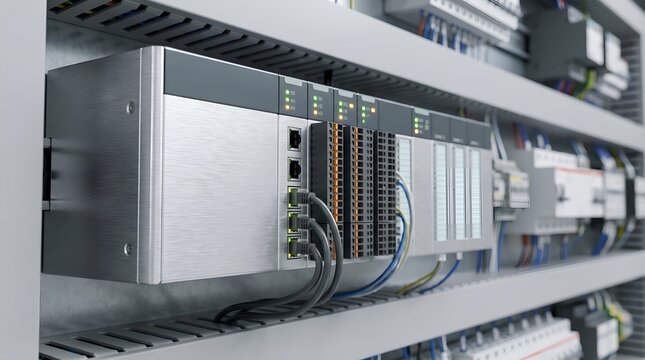 Advanced industrial automation control system with multiple electronic modules and intricate wiring connections