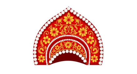 Red and gold ornamental arch vector illustration with floral patterns and dot border © mainstock