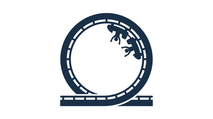 A minimalist dark blue icon of a roller coaster loop with passengers. © Parvez_Nasiruddin