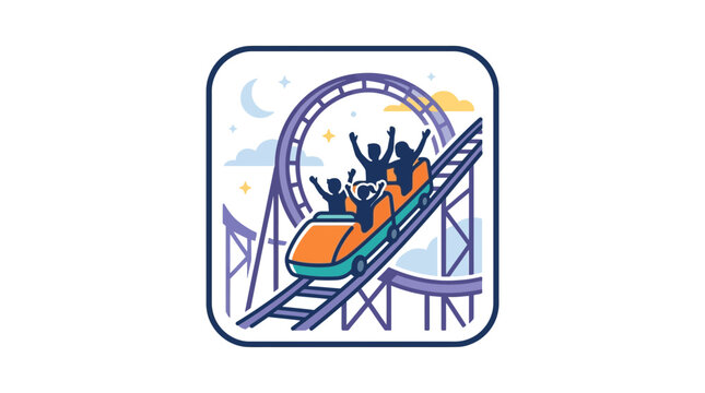 A colorful illustration of a roller coaster ride with excited people.
