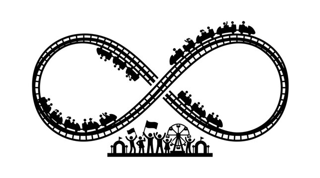 Roller coaster track shaped like an infinity symbol with happy people cheering below.