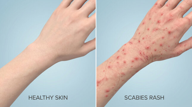 Scabies Rash vs Healthy Skin Medical Illustration Hand Wrist Mite Infestation Itching