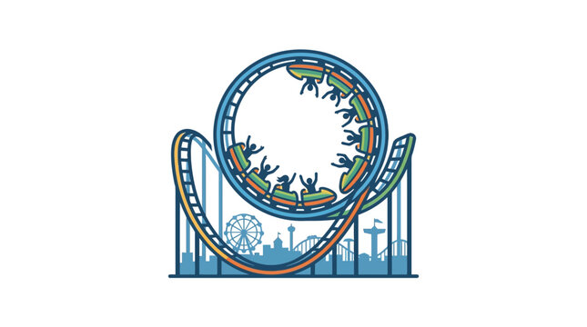 A colorful illustration of a roller coaster ride with people inside the loop.