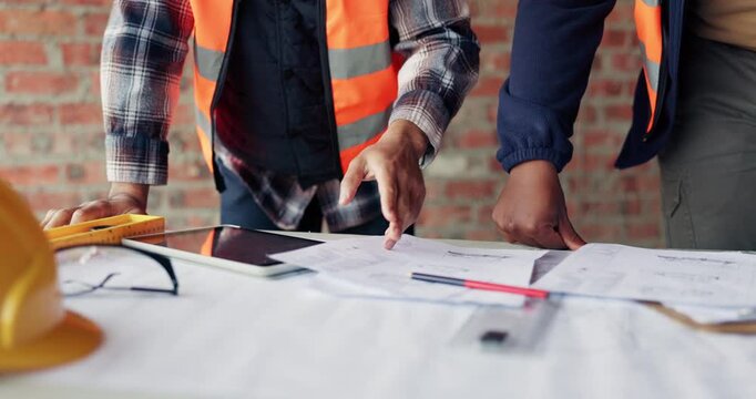 Planning, hands and team with blueprint at construction site, expansion idea and schematic update. Property development, architect or people with engineering for infrastructure, renovation or remodel