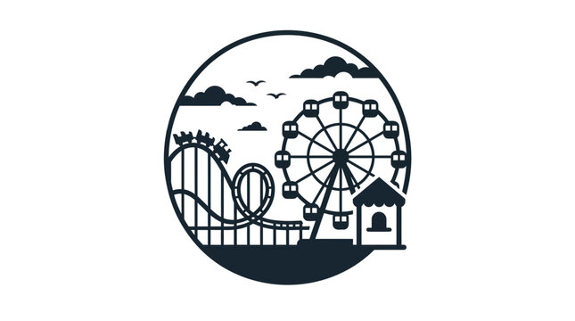 Minimalist circular illustration featuring a roller coaster and a ferris wheel at an amusement park.