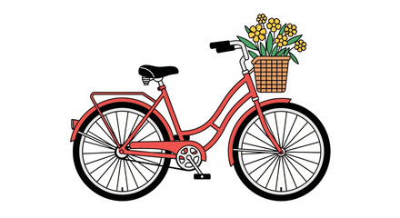 Fototapeta premium Red bicycle with flower basket vector illustration