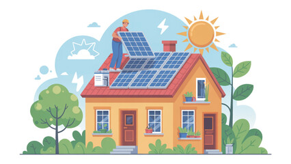 Colorful house with solar panels and wind turbine on a bright sunny day Vector © MST SUETI
