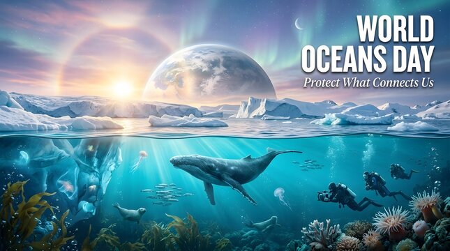 arctic ocean split environment digital illustration whale iceberg diver coral underwater sky planet ecology nature marine wildlife scene