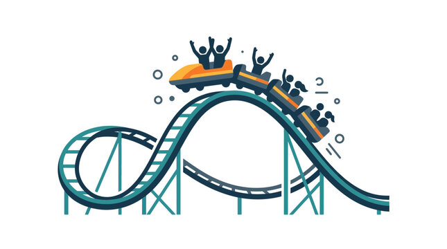 A colorful illustration of a roller coaster ride with people cheering.
