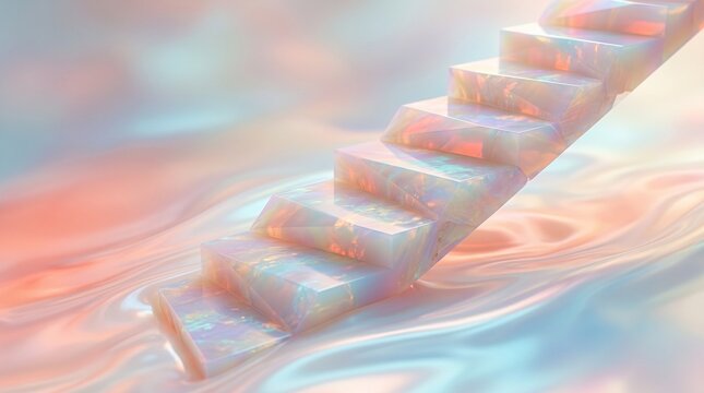 Classy 3D geometric opal stone stairs background with iridescent pearl reflection