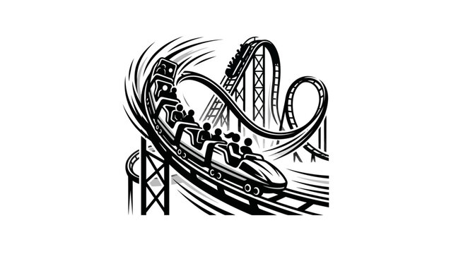 A black and white illustration of a roller coaster ride with passengers.