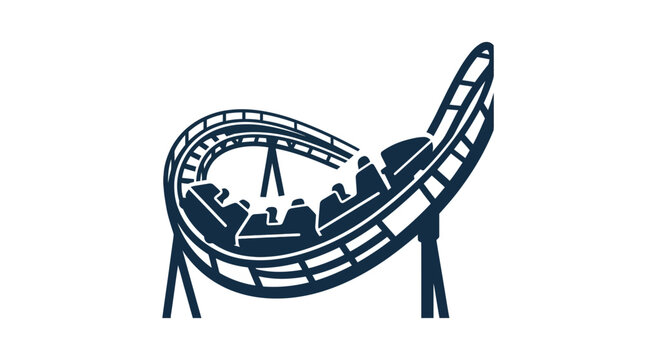 A stylized dark blue icon of a roller coaster ride on a white background.