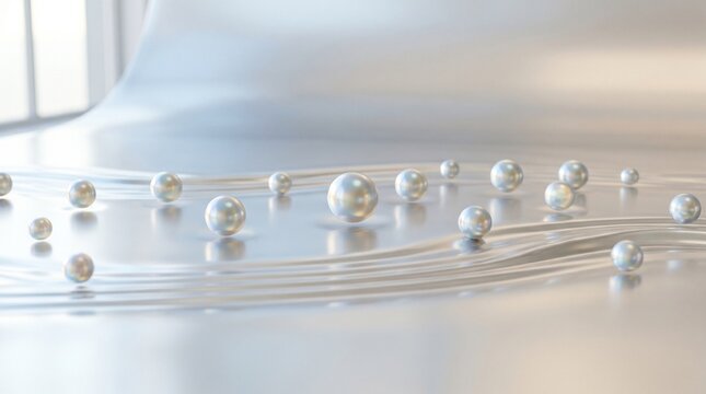 Minimalist liquid platinum silver background with floating iridescent pearl droplets